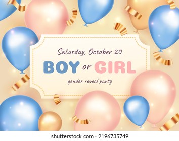 Boy or Girl. Gender reveal invitation template with helium balloons. Vector illustration.