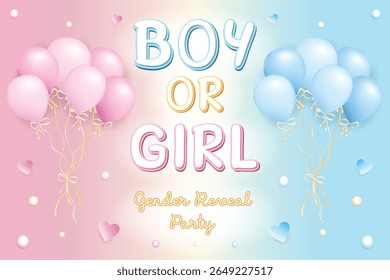 Boy or girl gender reveal party, vector illustration with the words boy or girl and a bunch of pink and blue balloons on a pink and blue background with hearts and colorful elements