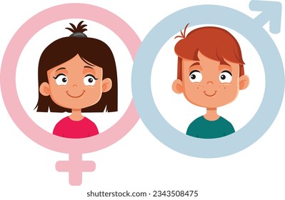 
Boy and Girl in Gender Symbols Vector Cartoon Illustration. Two kids with female and male symbol design characters 
