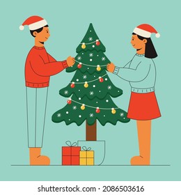 Boy and a girl are getting ready to celebrate Christmas and New Year. The couple puts on a Christmas tree. Vector illustration in flat style