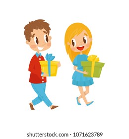 Boy and girl with gift boxes going to party, birthday party concept cartoon vector Illustration on a white background