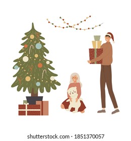Boy and girl with gifts for Christmas. The girl is sitting near the tree, the boy is carrying gifts. Happy family. People are celebrating Christmas. Vector illustration
