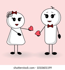 Boy and girl give each other hearts to Valentine's day - vector illustration