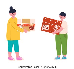 A boy and a girl give gifts to each other. Children are standing with big gift boxes. 