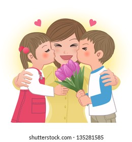 Boy and girl giving mom kisses on mothers day.  Tulip bouquet.