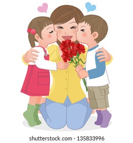 Boy and girl giving mom kisses on mothers day.  Carnation flower bouquet.