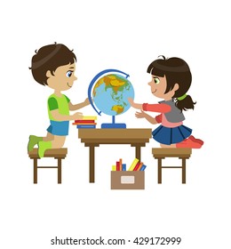 Boy And Girl With The Globe Colorful Simple Design Vector Drawing Isolated On White Background
