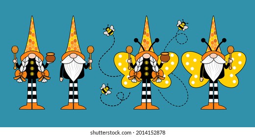 
Boy and girl gnomes on long legs with a wooden spoon, honey pot and funny bees. Isolated vector set in cartoon style. Garden decor.
