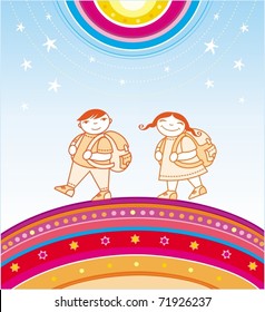 The boy with the girl go with backpacks