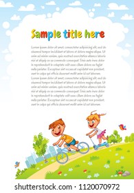 Boy and girl go for a drive on bicycles in the park. Healthy lifestyle. Template for advertising brochure. Ready for your message. Funny cartoon character. Vector illustration