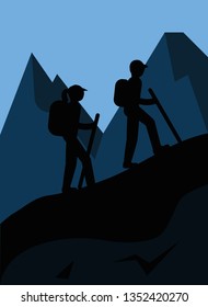 boy and girl go hiking and climb mountains