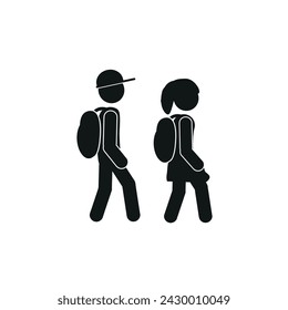 a boy and a girl go to school with backpacks, a school icon, a pictogram, a silhouette of a human figure, a flat vector illustration isolated on a white background