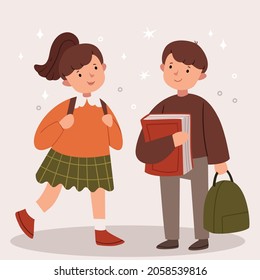 Boy and girl go to school. Modern school uniform. Books and a backpack.