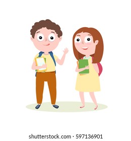 Boy and girl go to school. Vector illustration.