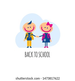 Boy and girl going back to school, schoolchildren with bags hold hands, cartoon flat doodle characters. Vector illustration