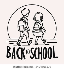 Boy and girl going back to school with bags. Continuous line drawing. Vector illustration 