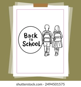 Boy and girl going back to school with bags. Continuous line drawing. Vector illustration 