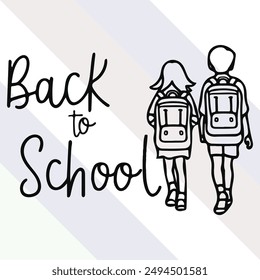 Boy and girl going back to school with bags. Continuous line drawing. Vector illustration 