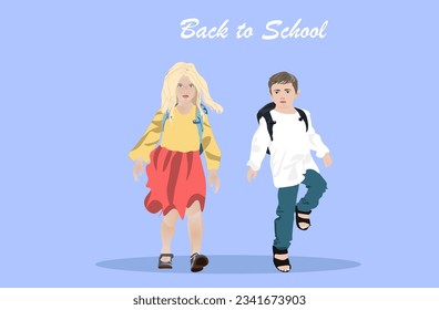 Boy and girl going to elementary or middle school. School children with school backpacks go to school. 