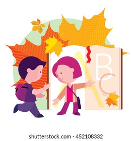 boy and girl going to school the first day on the background of books and autumn leaves