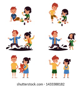 Boy And Girl With Good And Bad Behavior, Comparison Of Kids Playing Together Peacefully And Having A Conflict. Children Playing And Fighting - Isolated Flat Cartoon Vector Illustration.