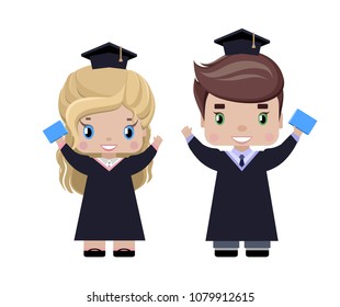 boy and girl graduates happy, in graduation caps and gowns, with diplomas, smiling, with his hands raised, celebrate, in cartoon style