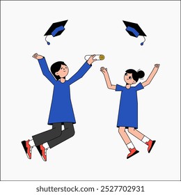 Garoto e menina graduados saltando com diploma e bonés em ilustração vetor plana simbolizando graduação, celebração e realização acadêmica, isolado no fundo branco.