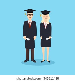 Boy and girl graduates.Vector illustration in flat design.