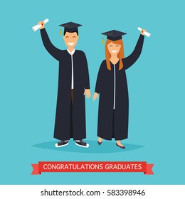 Boy and girl graduates.Vector illustration in flat design.