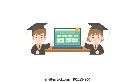 A boy and a girl in graduation gown standing in front the online class in the laptop illustration vector on white background. Education concept