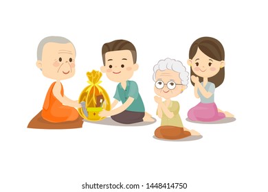  Boy Girl and Grandma sitting and offering to Buddhist Vector