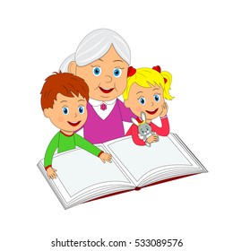 boy, girl and grandmother with open book, illustration, vector