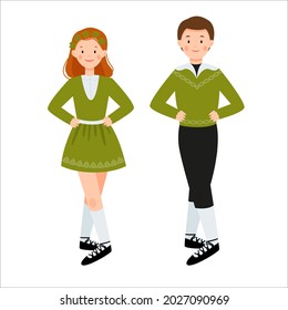 Boy and girl in green clothers are dancing together. Irish dancers isolated on a white background. Vector flat illustration.
