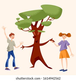 A boy and a girl greet a tree and holding hands. Vector illustration