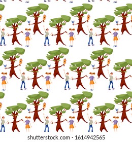 A boy and a girl greet a tree and holding hands. Seamless background pattern. Vector illustration