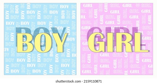 Boy or girl. Greeting card  for a newborn baby. Congratulations to their mom. Background with many little words. Graphic design.