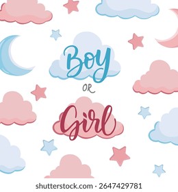 Boy or girl greeting card with pink and blue clouds for gender reveal party invitation or baby announcement