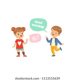 Boy and girl greeting each other, kids good manners concept vector Illustration on a white background