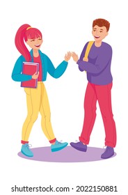 Boy and girl gretting giving hands. Happy students, young people high five meeting greetins. Human communication, frendy talking. Vector illustration, cartoon characters, isolated, icon, simbol