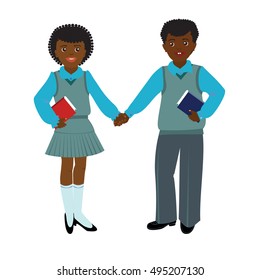 Boy and girl in the grey blue school uniform. Vector illustration or vector object on a white background