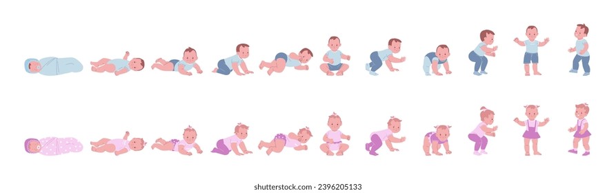 Boy and girl growth. At newborn to toddler development. Cute children first year life, tiny cartoon funny baby learn standing, kicky vector concept