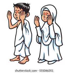 Boy And Girl Hajj Praying Cartoon  Vector Illustration