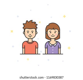 Boy and girl half-length portrait on white background with stars. Half body kids with short hair for website or app. Male and female avatars. Pixel Perfect. Vector Illustration.