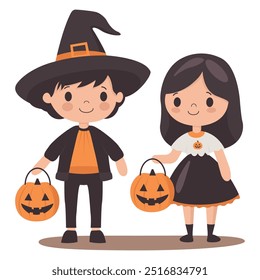 Boy and Girl in Halloween attire with Pumpkin Lantern in Hand Vector Illustration