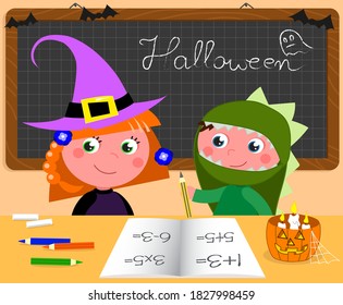 Boy and girl in Halloween costumes at the desk in classroom, cartoon vector illustration