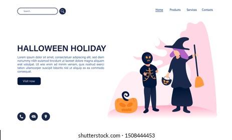 Boy and girl in halloween party for landing page. Halloween scene vector illustration background for presentation. Web Page for halloween. Halloween celebrate template design.