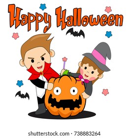 boy and girl in halloween. vector cartoon illustration