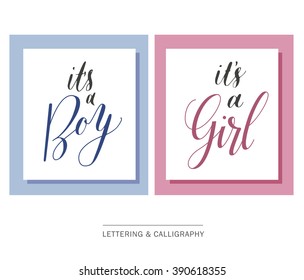 It's a Boy! It's a Girl! Hand drawn elegant set for your baby design. Custom typography with swirls. Modern hand lettering and calligraphy.