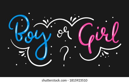 Boy or girl hand drawn modern lettering - Baby shower announcement banner, card - Gender reveal party - Vector illustration isolated - Pink, blue on grey background