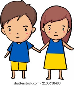 Boy and girl hand in hand sign for stand by Ukraine drawing illustration cartoon.
